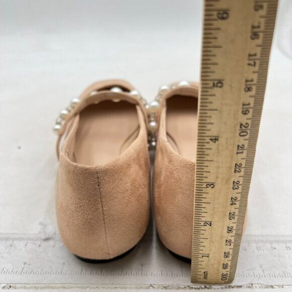 FOWT Nude Square Toe Slip on Flats Pearl Studded Strap Elegant Wedding Pumps - Picture 5 of 8